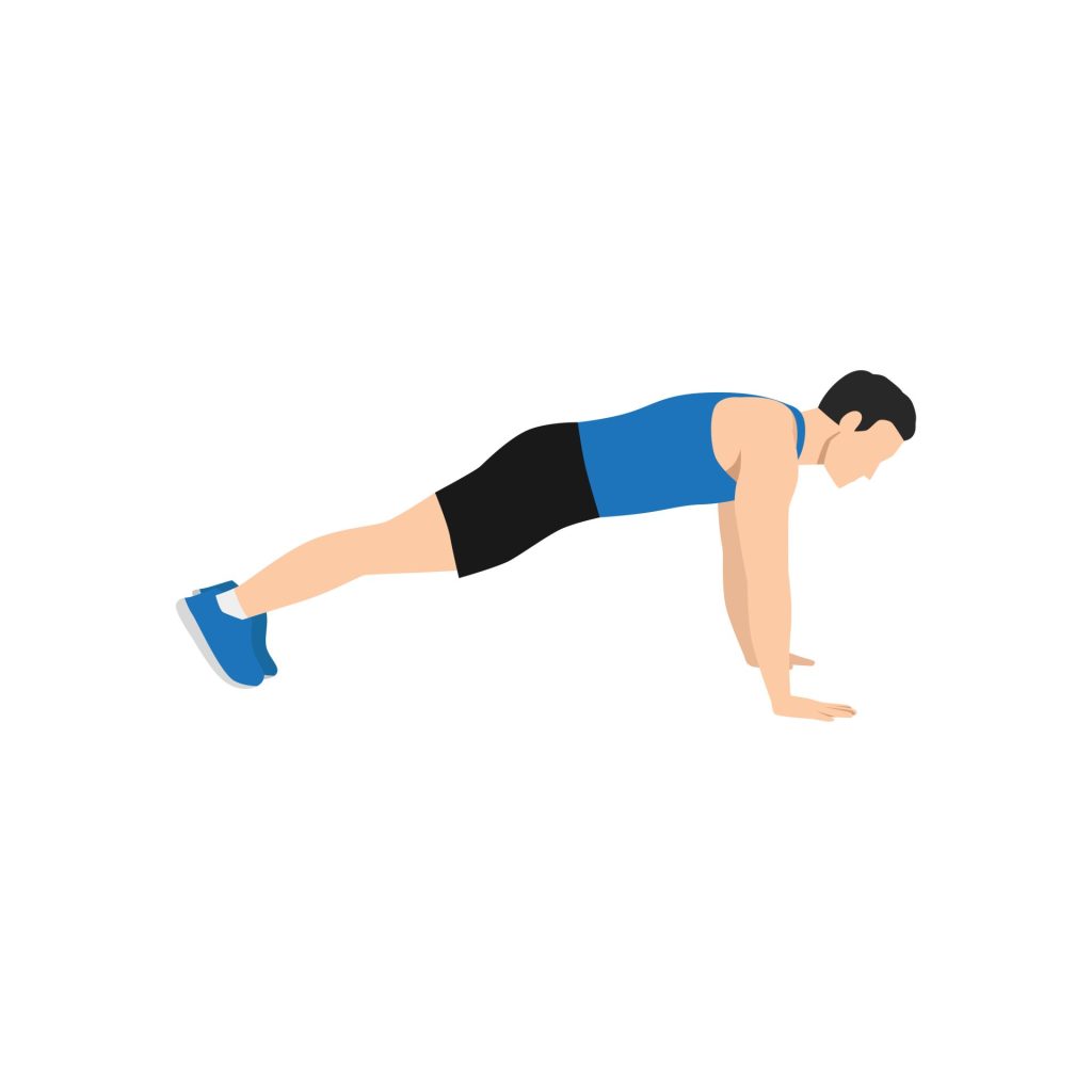 Animated man doing Plank (or Phalakasana) Yoga pose.