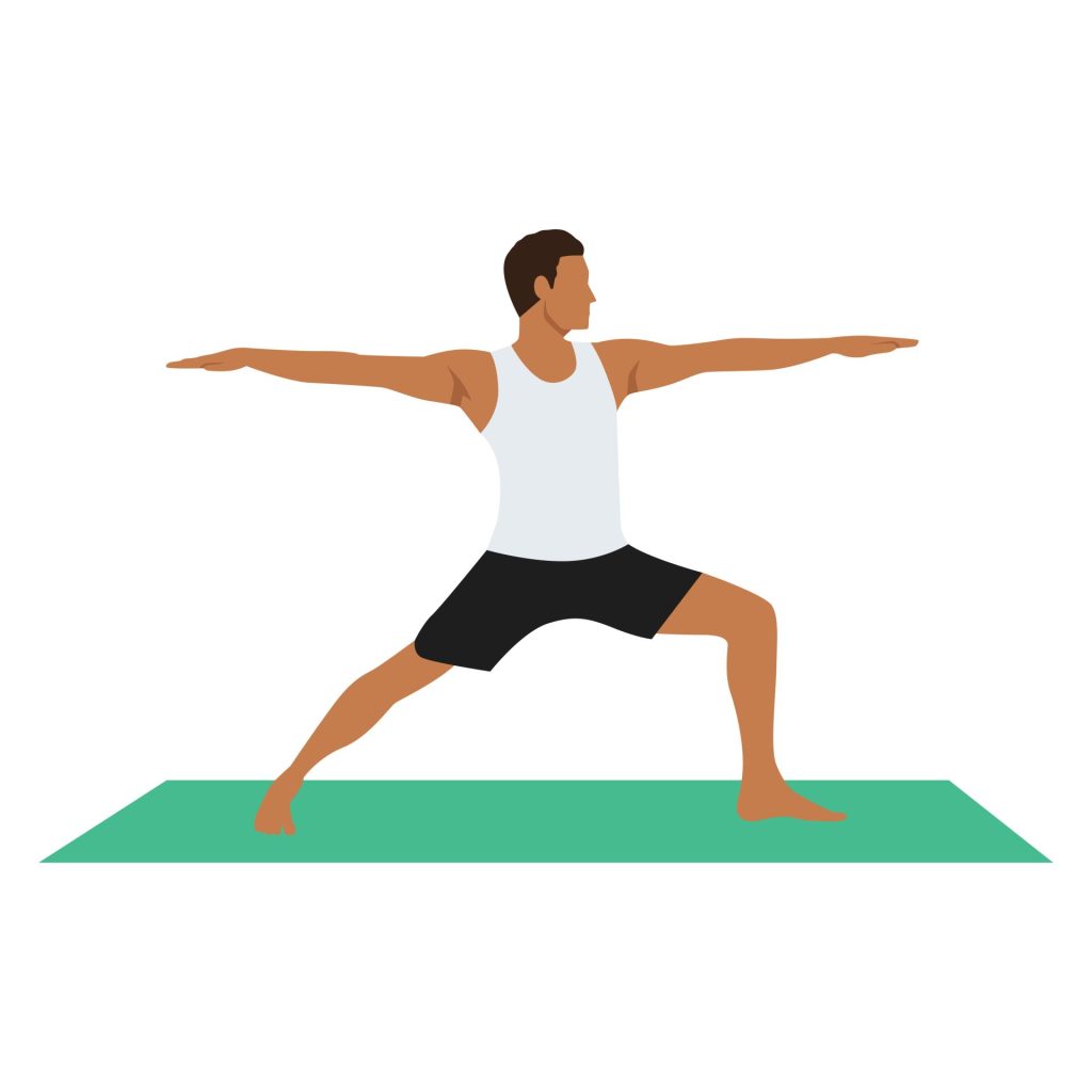 Animated person doing Warrior II (or Virabhadrasana II) Yoga pose.