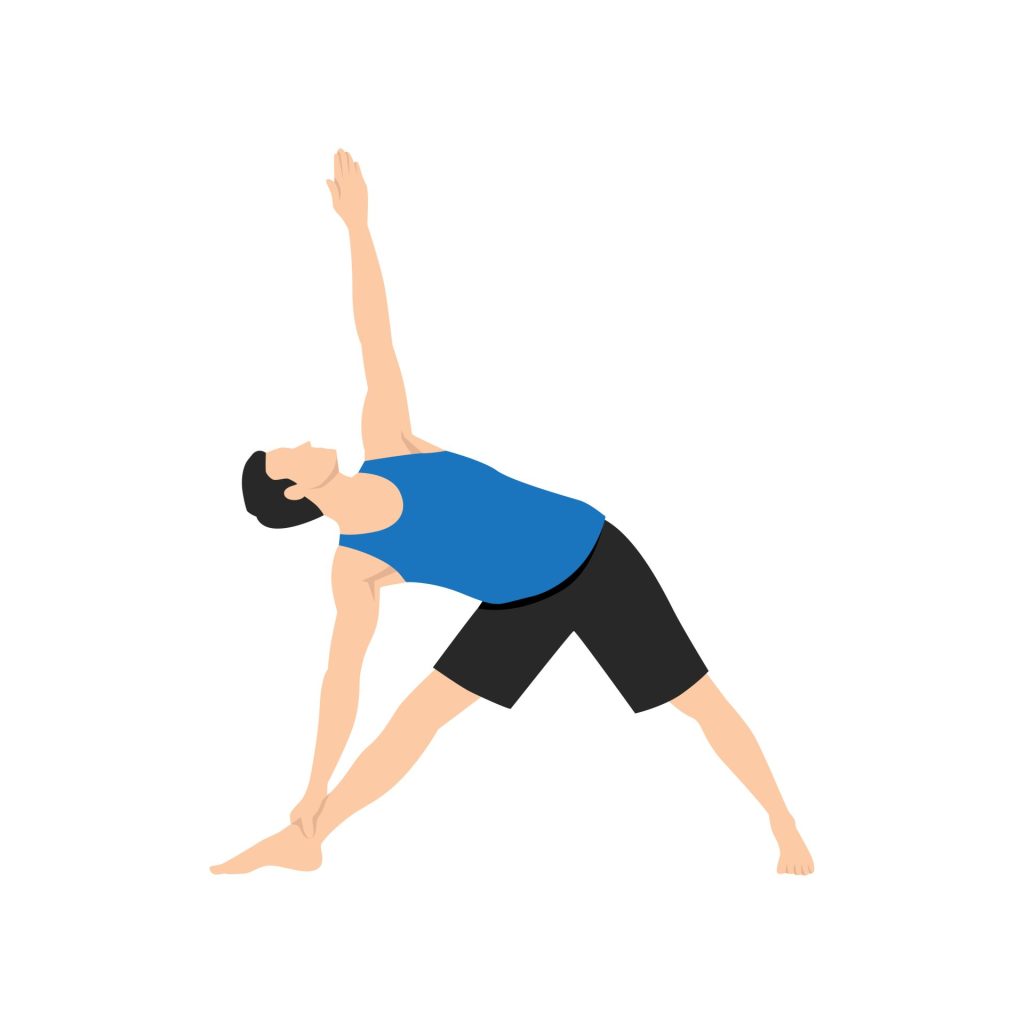 Animated man doing Triangle (or Trikonasana) Yoga pose for weight loss.