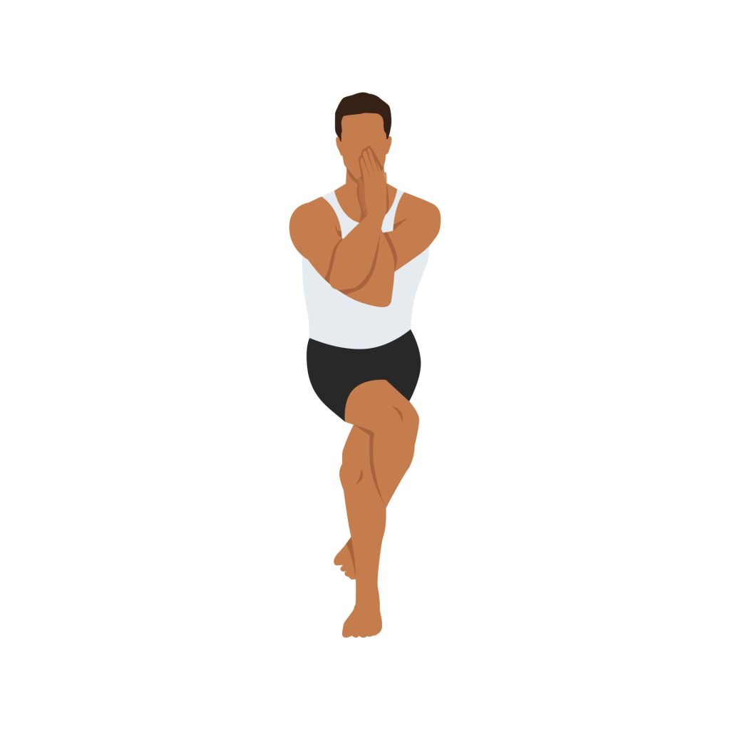 Illustration of man doing the eagle pose in yoga.