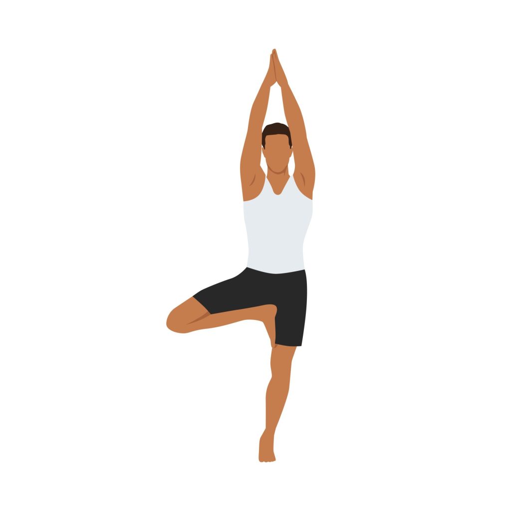 Illustration of man doing tree pose in yoga.