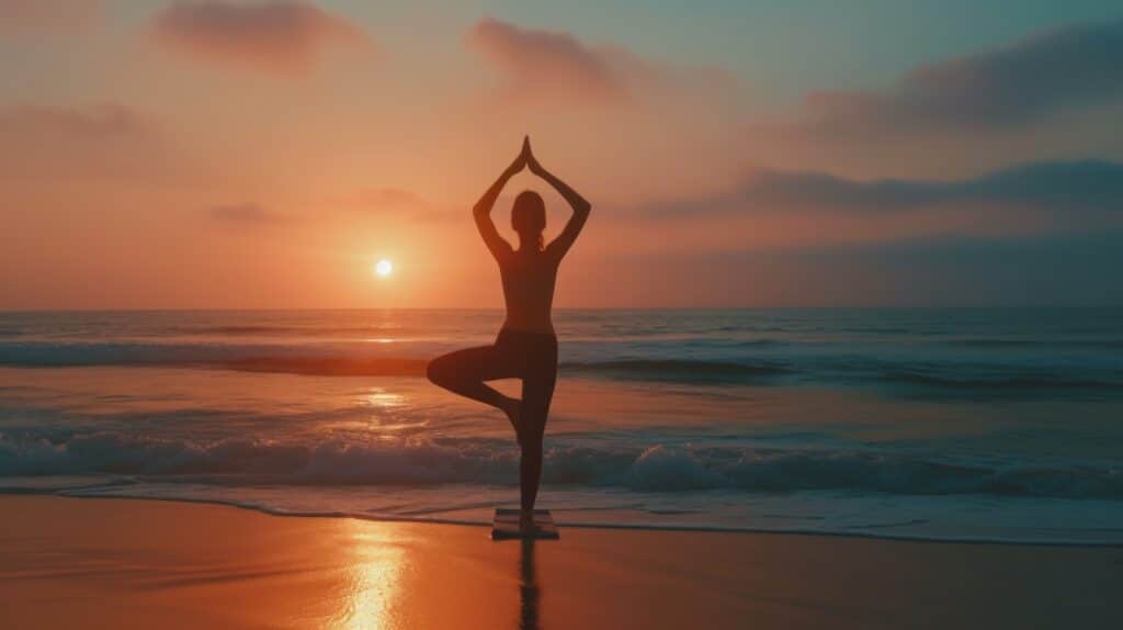 Woman doing balancing yoga poses on beach.