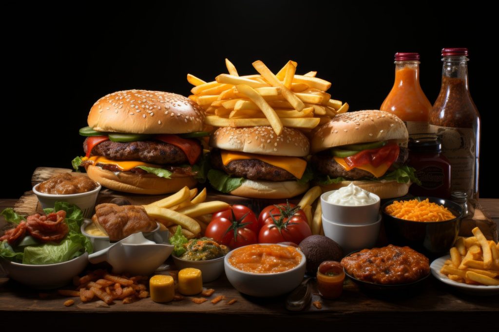 Foods to stay away from to lose weight like burgers and french fries laid out on table.