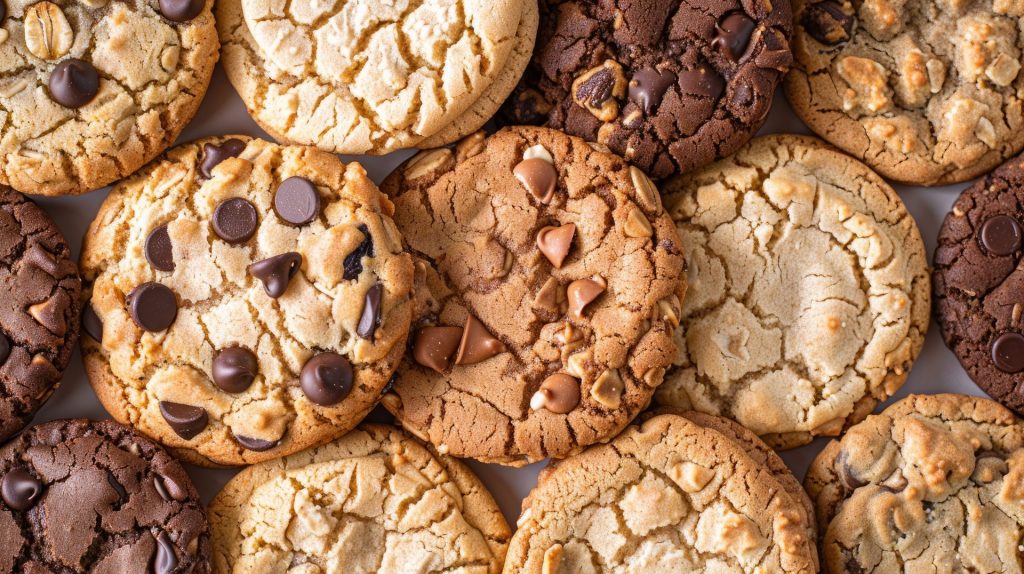 Cookies laid out on table.