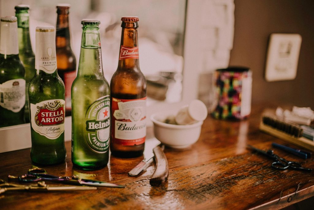 beer bottles on table.