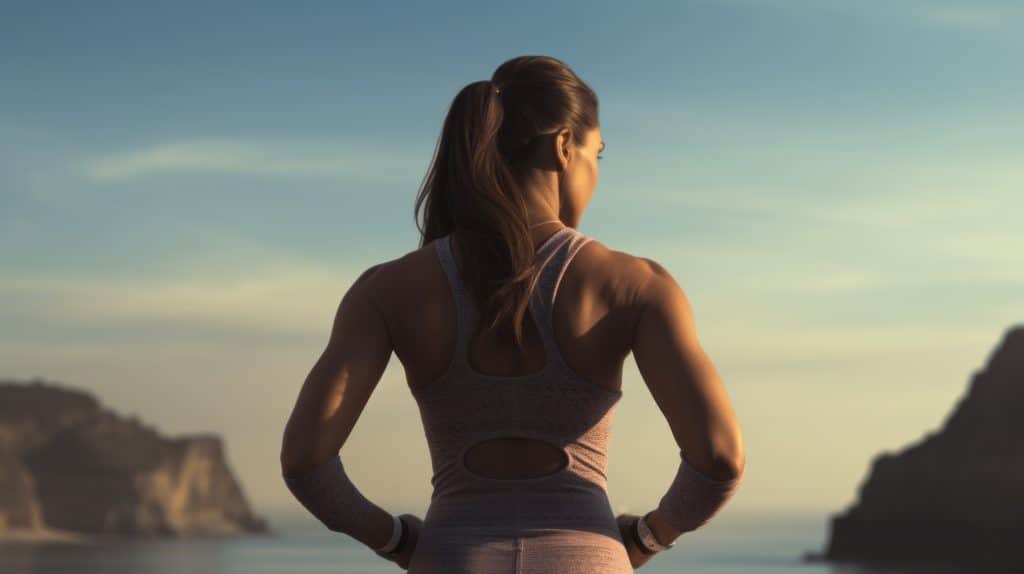 Fitness trainer looking out at water while posing.